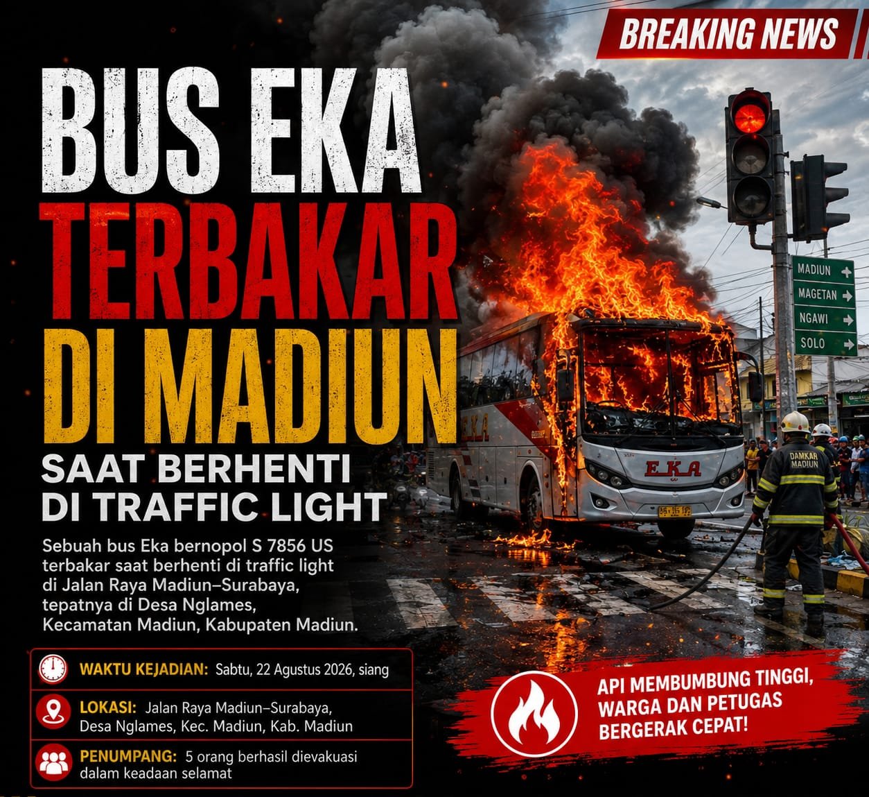 Bus Eka Terbakar Hebat di Madiun, Sopir Sempat Lawan Api, Kerugian Capai Rp2 Miliar