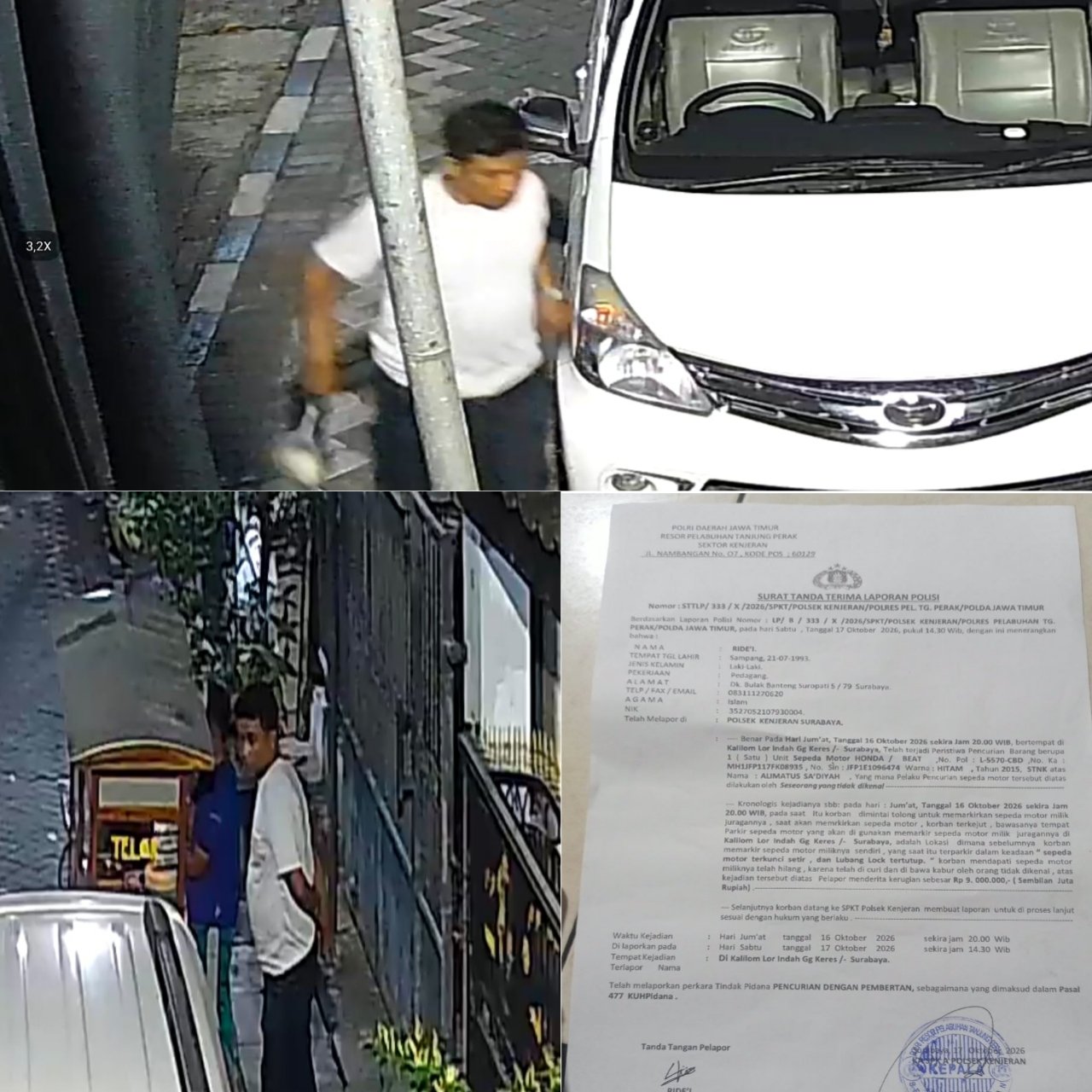 Motor Honda Beat Raib Saat Diparkir di Kalilom Lor Indah Surabaya, Kerugian Capai Rp9 Juta